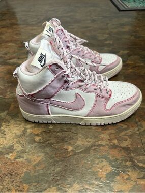 Nike Women's Pink and White High-Top Sneakers with Contrast Stitching